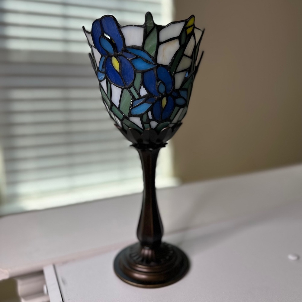 PartyLite Stained Glass Iris Candle Holder Blue Floral Mosaic Bronze Base 12.5"
